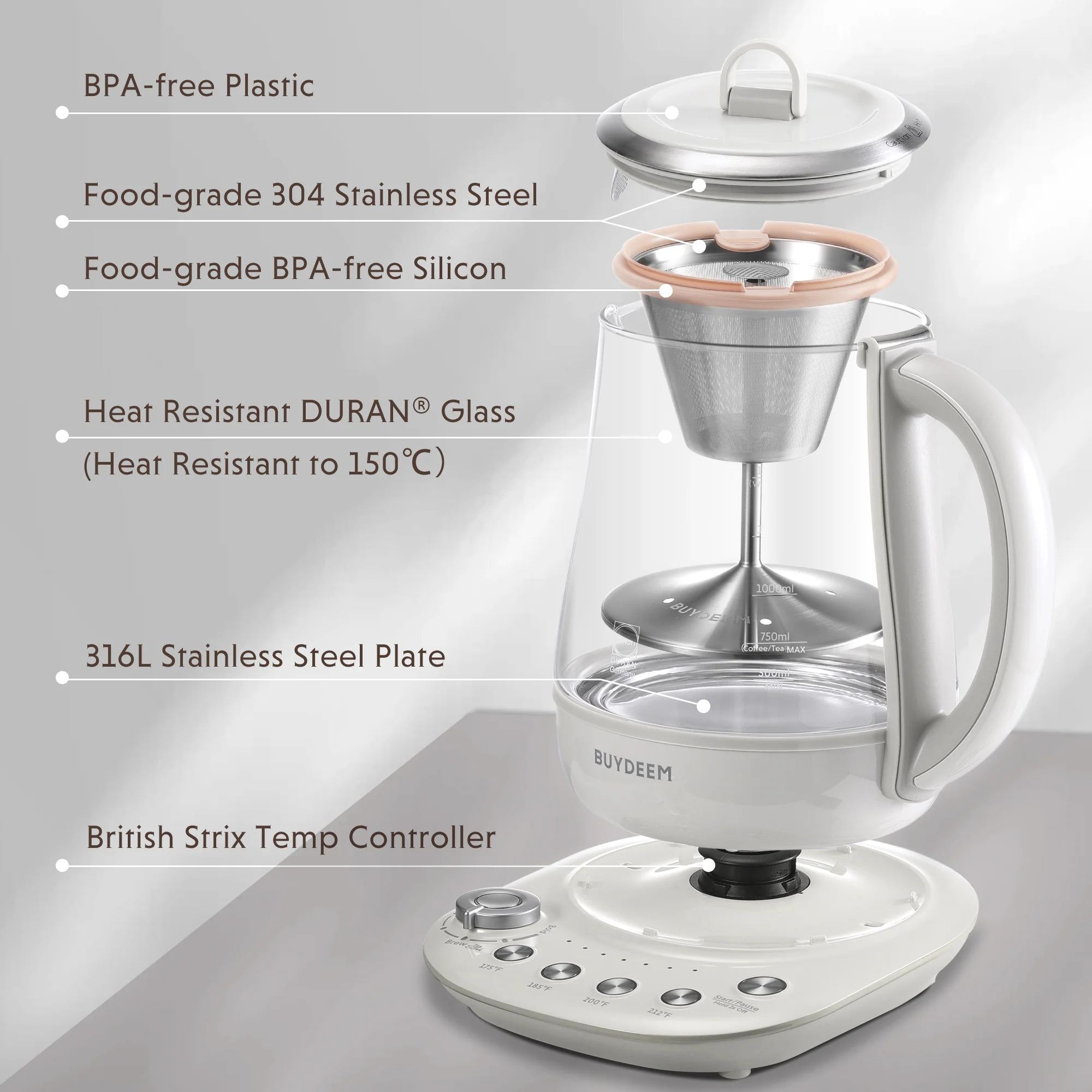 K156 Multi-function Tea and Coffee Maker 1.5L, Oat White - Image 8